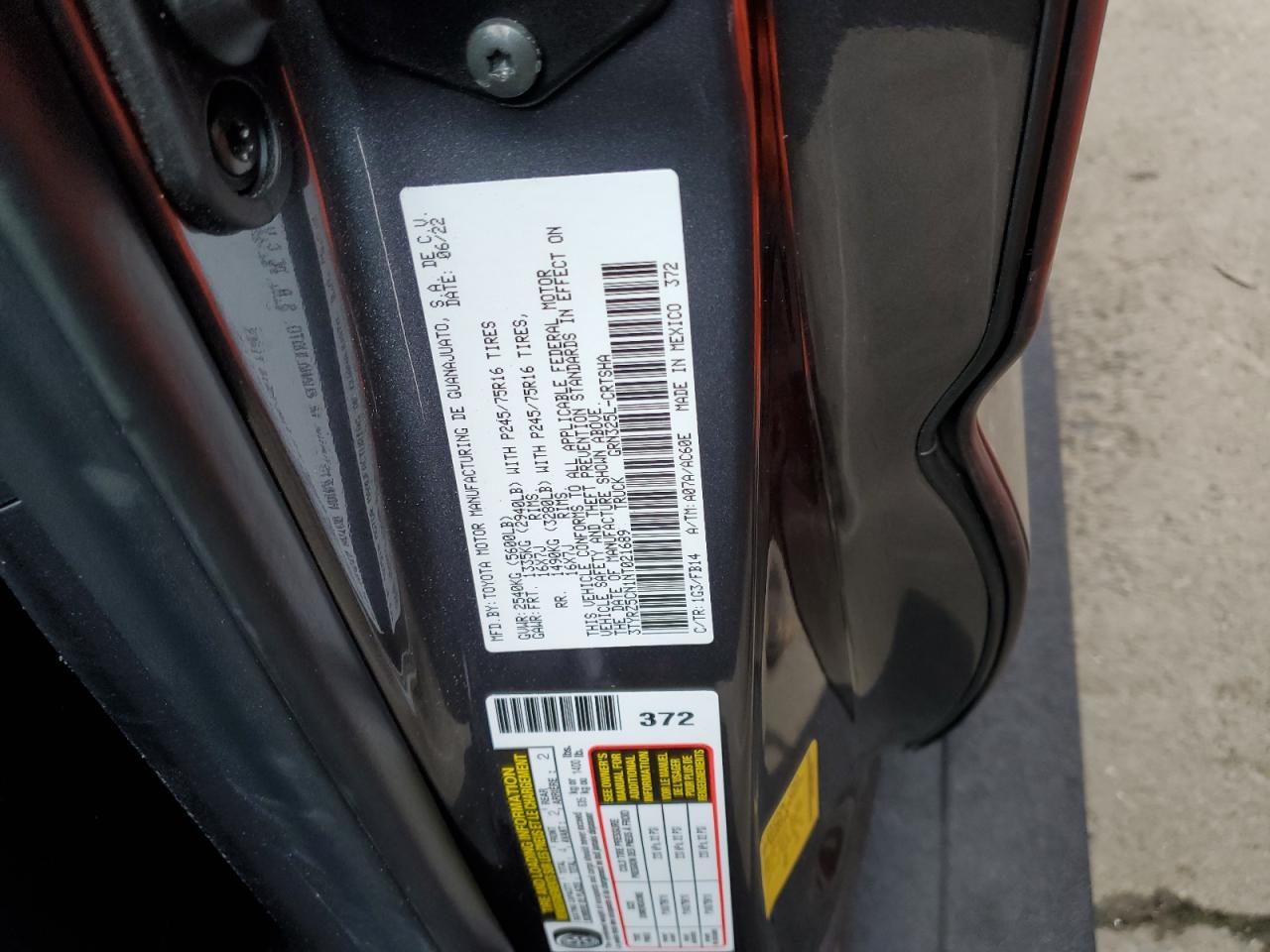 2022 TOYOTA TACOMA ACCESS CAB VIN:3TYRZ5CN1NT021689