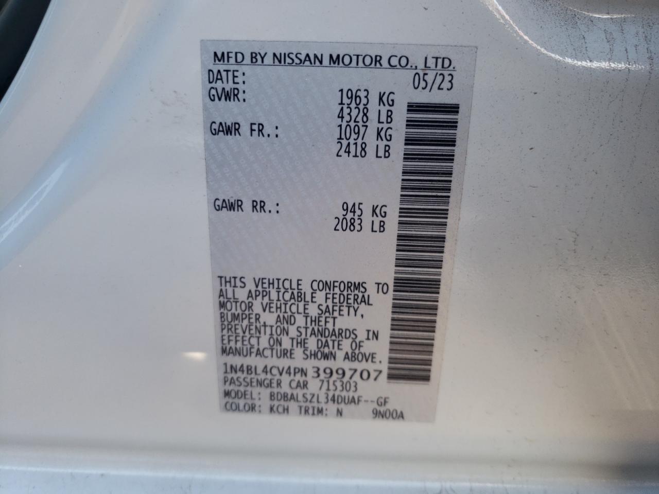 2023 NISSAN ALTIMA SR VIN:1N4BL4CV4PN399707