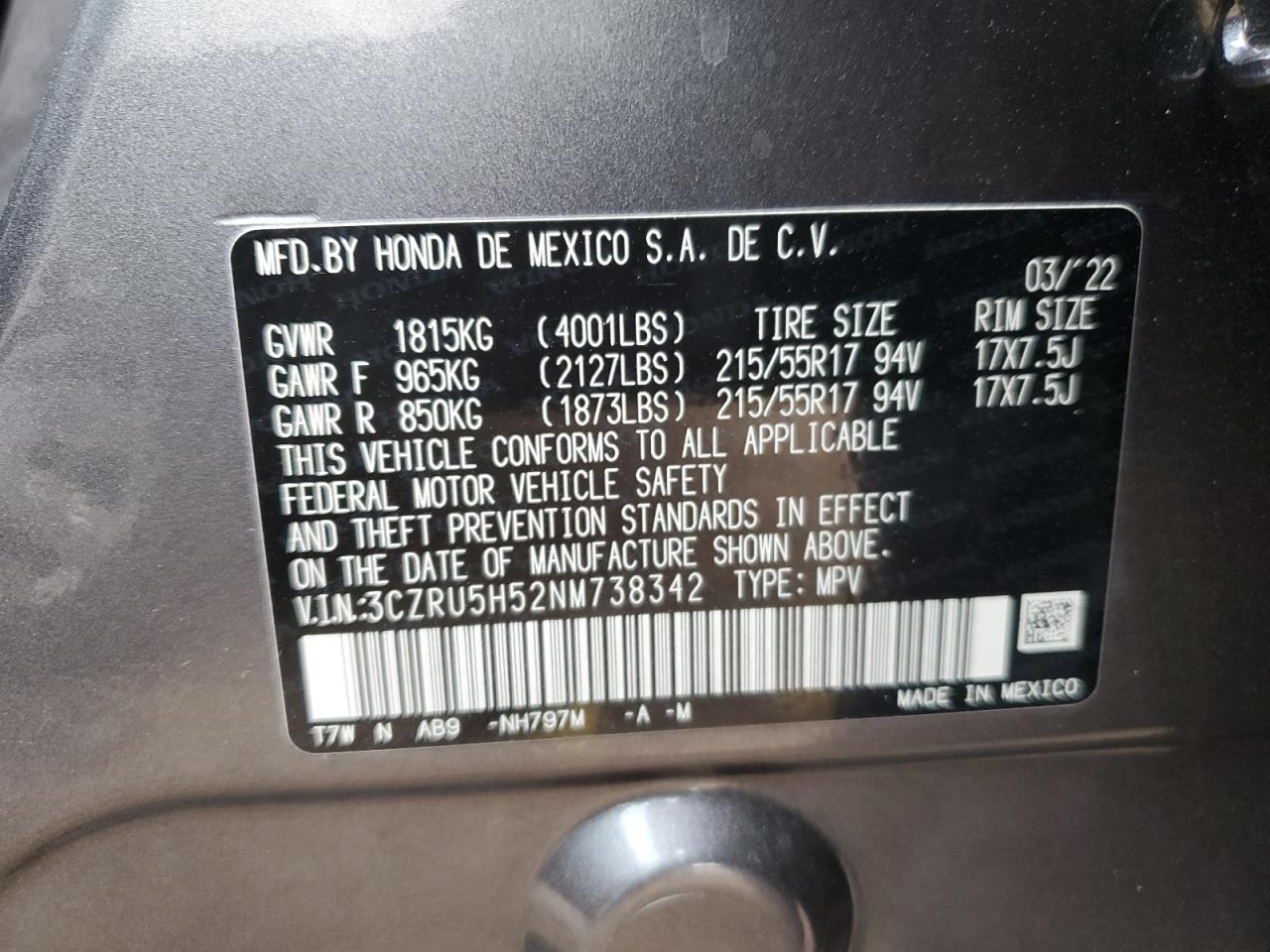 2022 HONDA HR-V EX VIN:3CZRU5H52NM738342