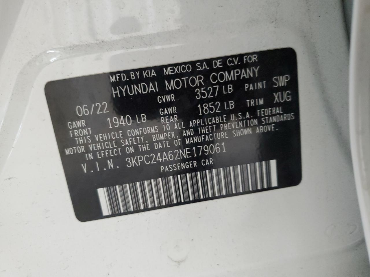 2022 HYUNDAI ACCENT SE VIN:3KPC24A62NE179061