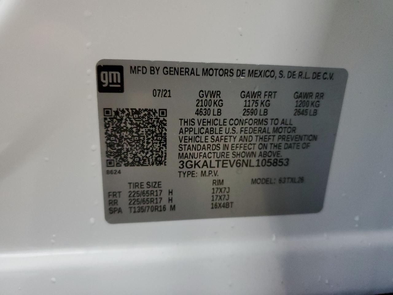 2022 GMC TERRAIN SLE VIN:3GKALTEV6NL105853