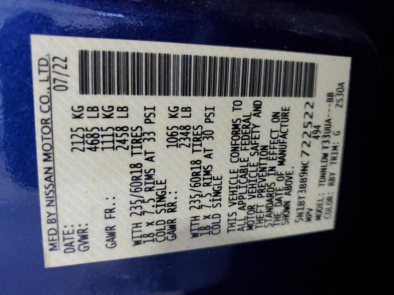 2022 NISSAN ROGUE SV VIN:5N1BT3BB9NC722522