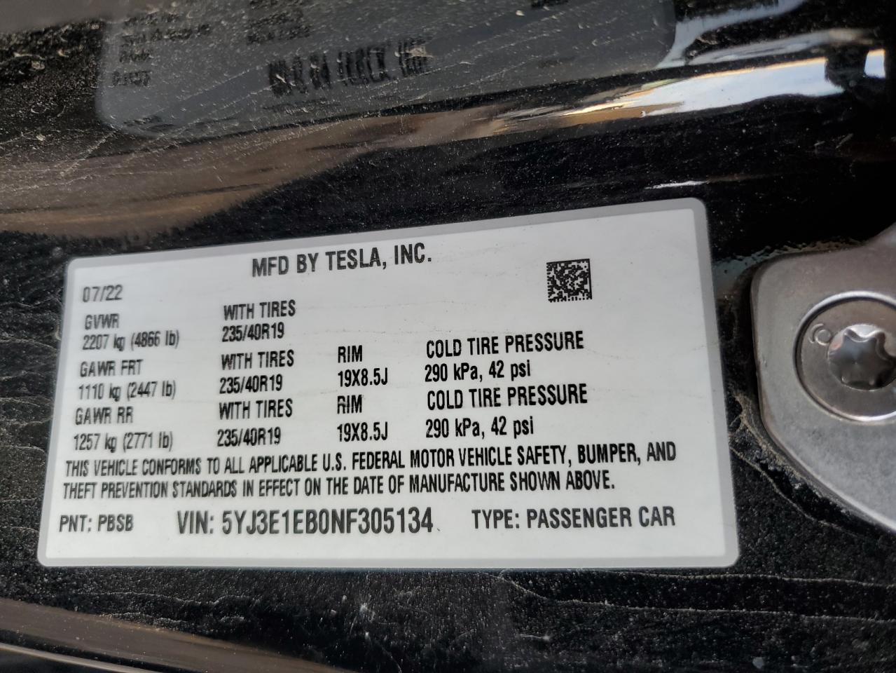 2022 TESLA MODEL 3  VIN:5YJ3E1EB0NF305134