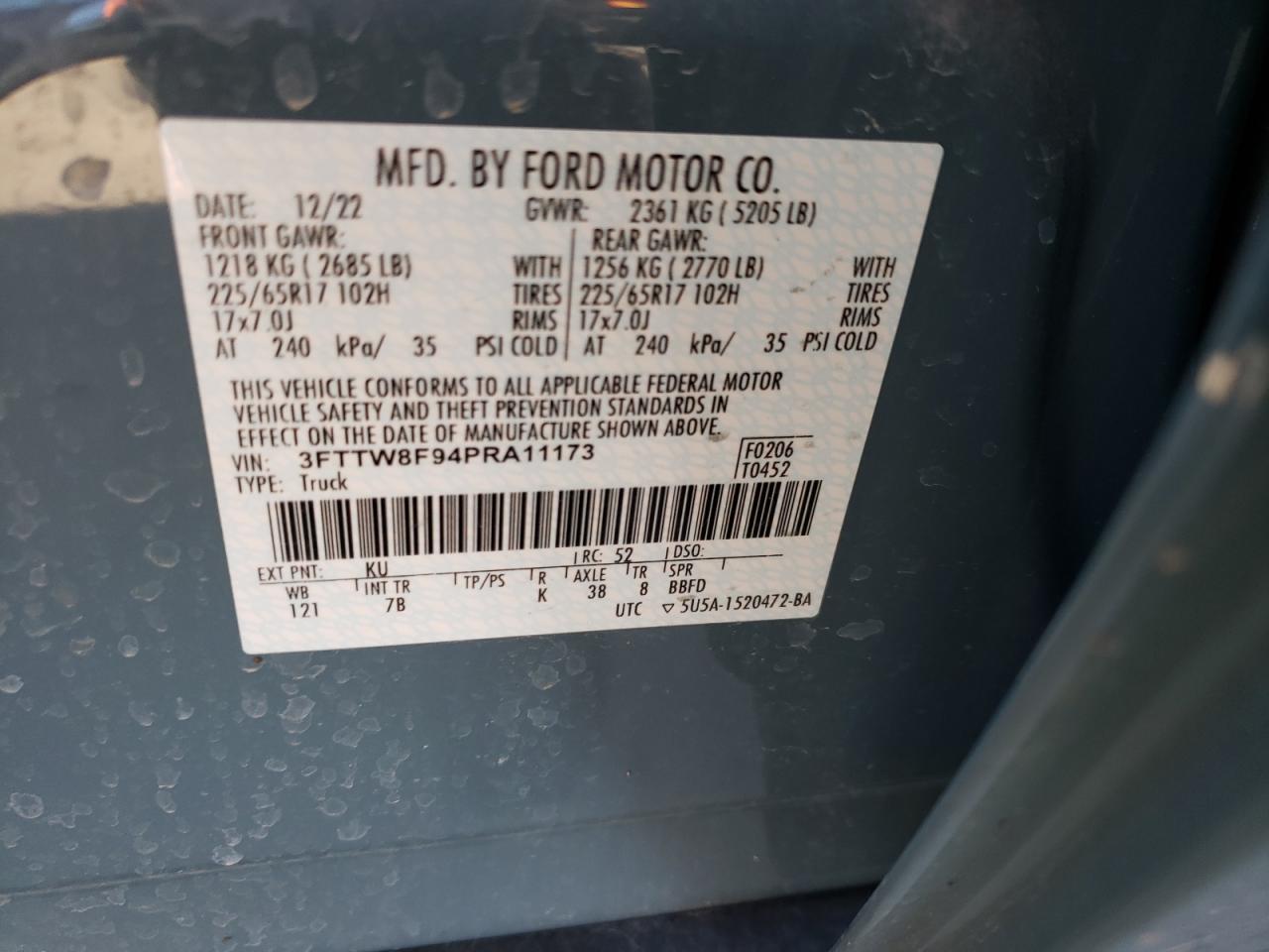 2023 FORD MAVERICK XL VIN:3FTTW8F94PRA11173