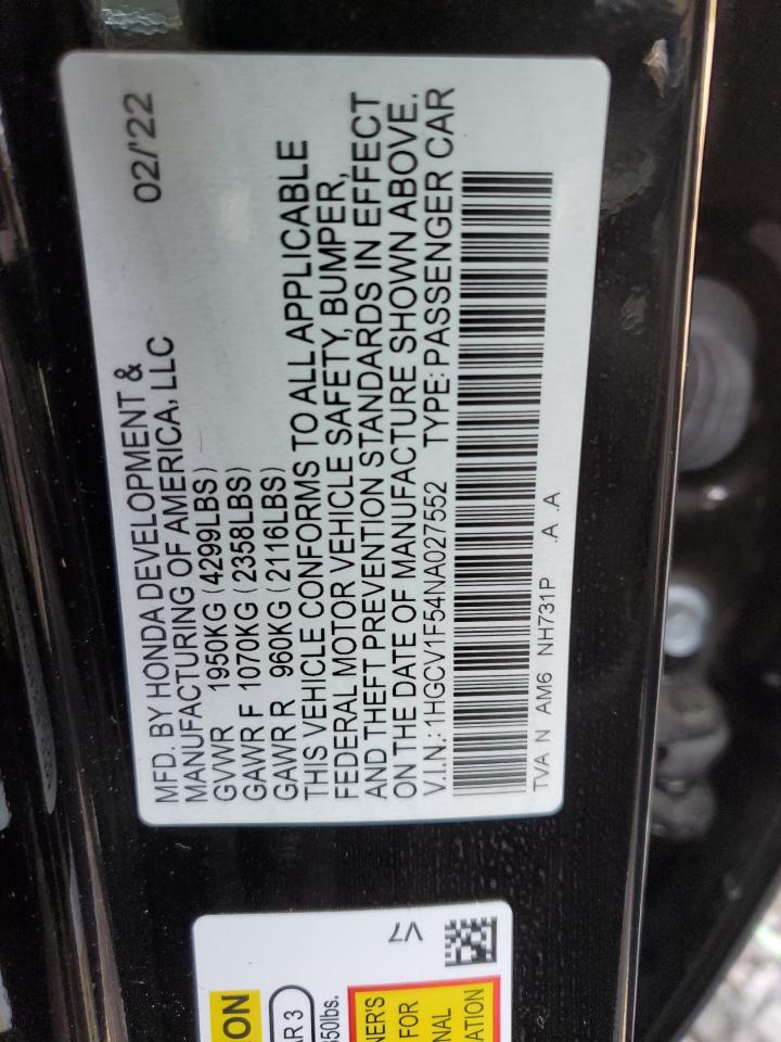 2022 HONDA ACCORD EXL VIN:1HGCV1F54NA027552