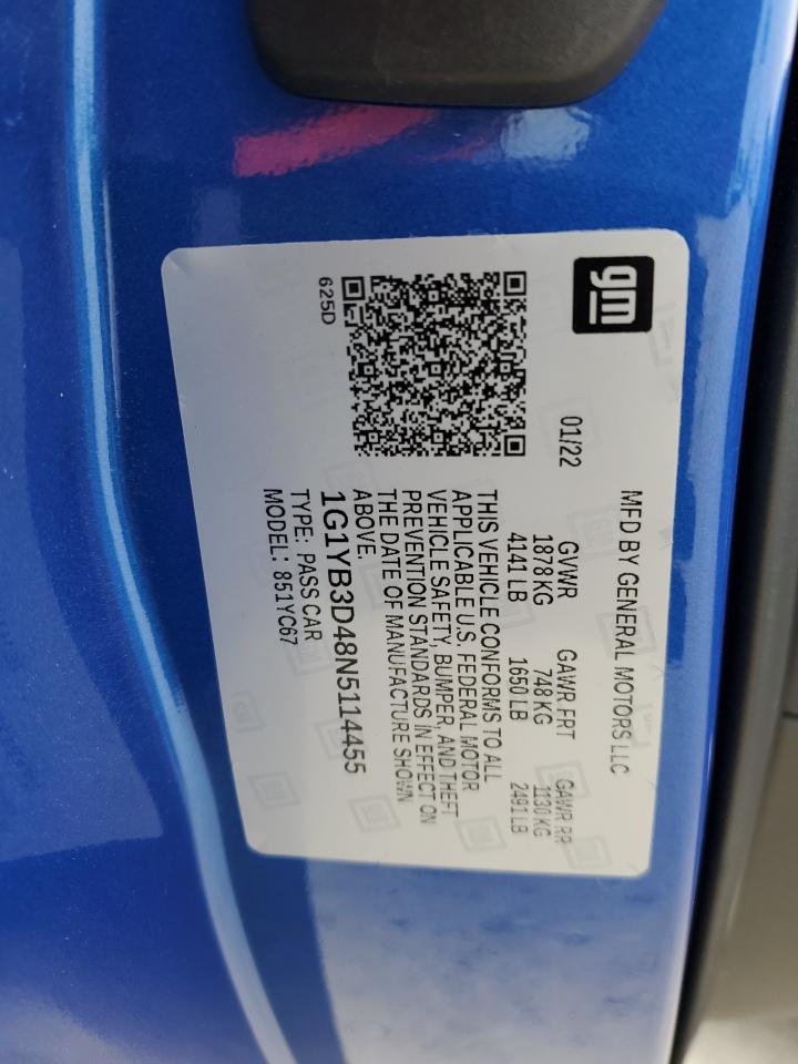 2022 CHEVROLET CORVETTE STINGRAY 2LT VIN:1G1YB3D48N5114455