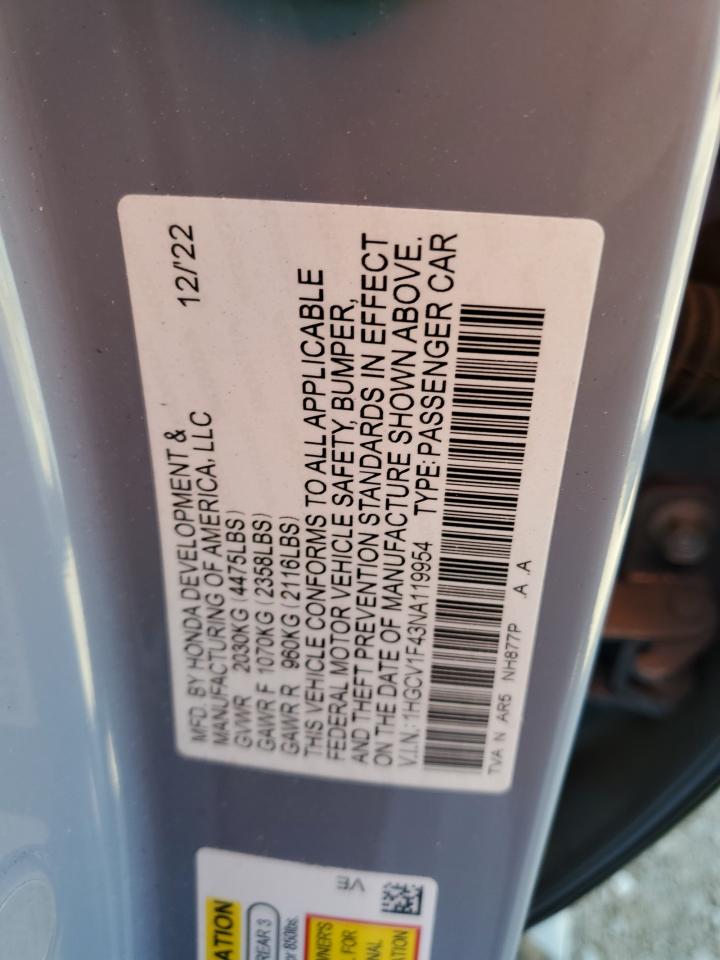 2022 HONDA ACCORD SPORT SE VIN:1HGCV1F43NA119954
