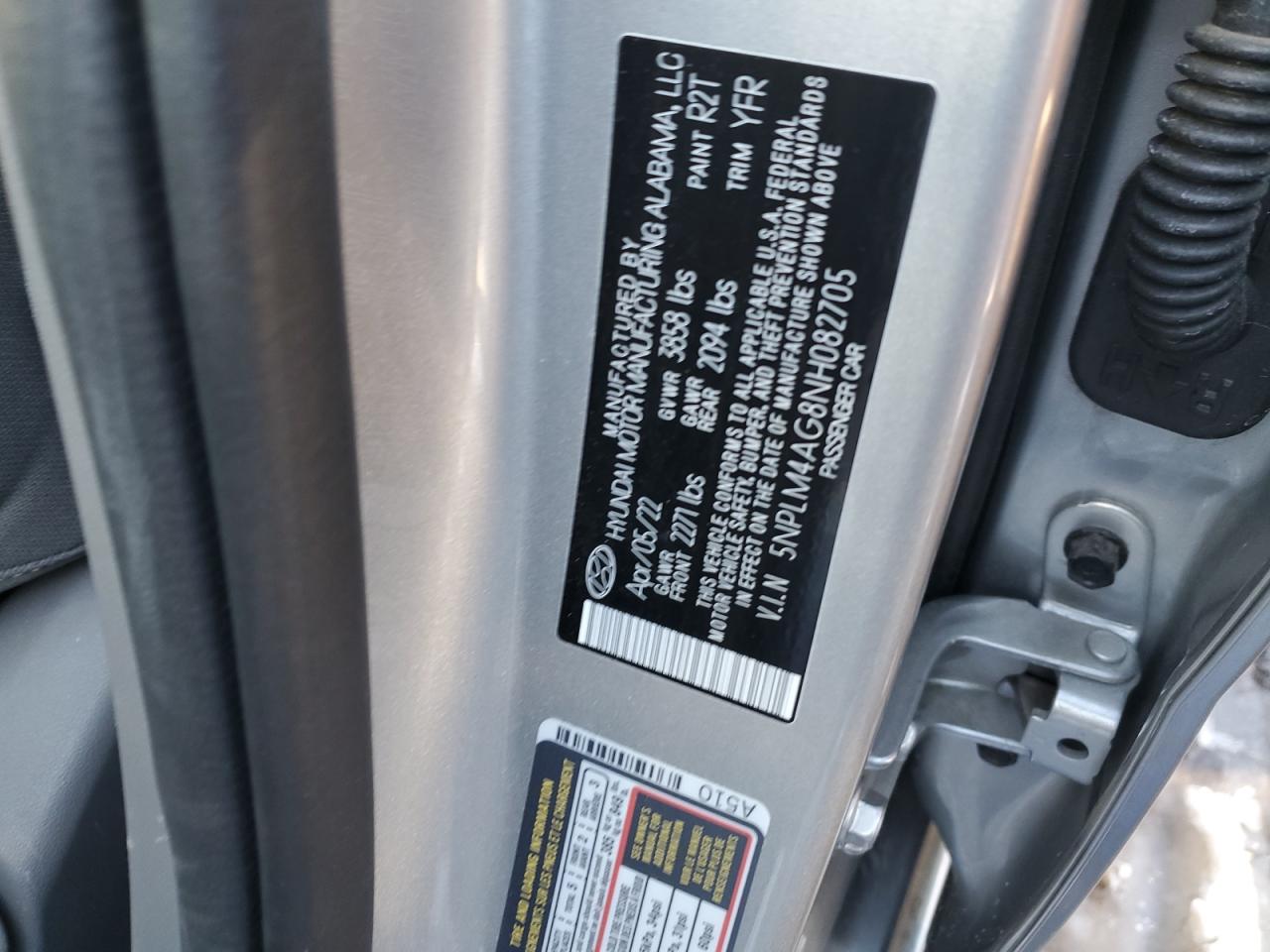 2022 HYUNDAI ELANTRA SEL VIN:5NPLM4AG8NH082705