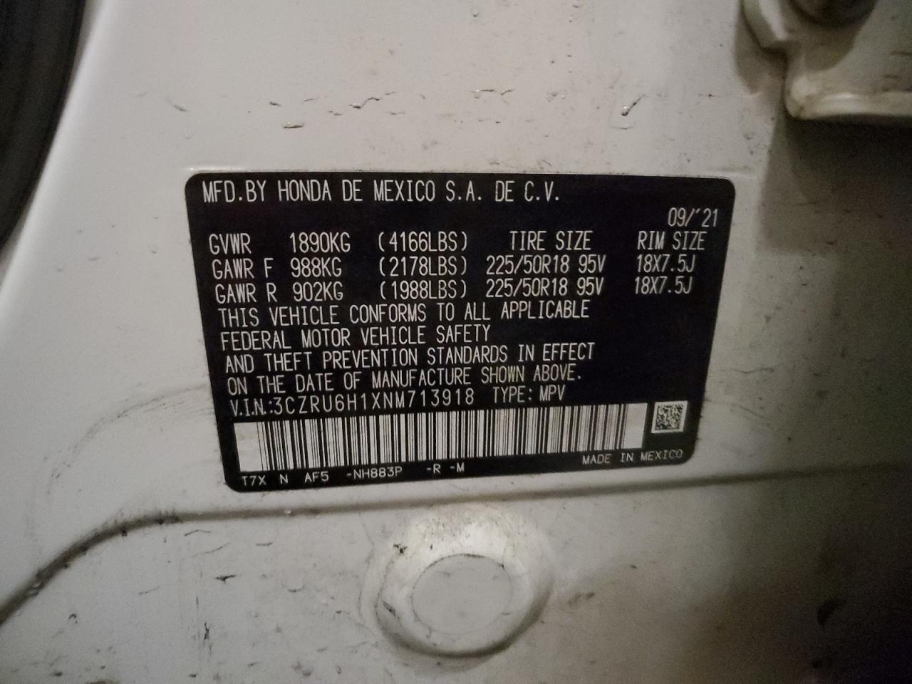 2022 HONDA HR-V SPORT VIN:3CZRU6H1XNM713918