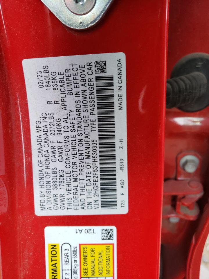 2023 HONDA CIVIC SPORT VIN:2HGFE2F53PH530335