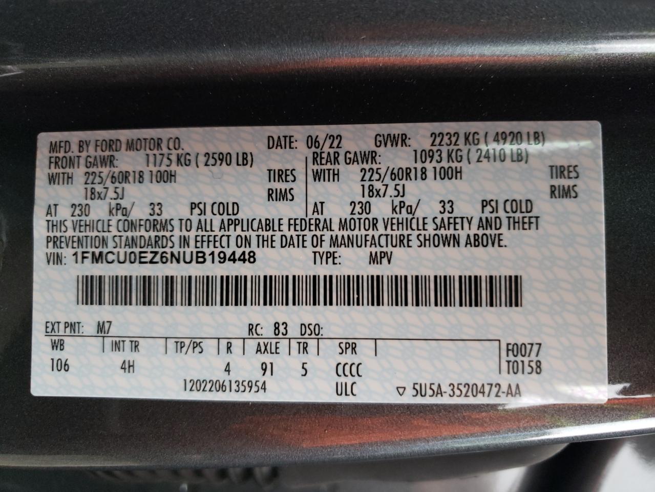 2022 FORD ESCAPE SE VIN:1FMCU0EZ6NUB19448