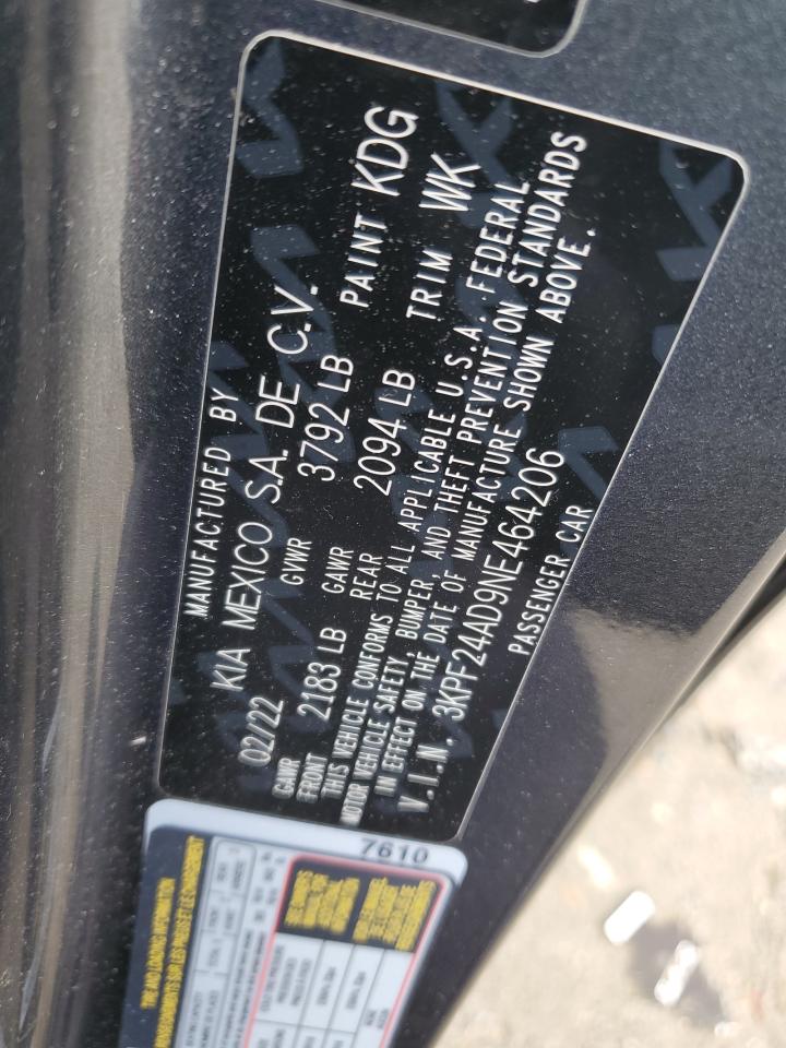 2022 KIA FORTE FE VIN:3KPF24AD9NE464206