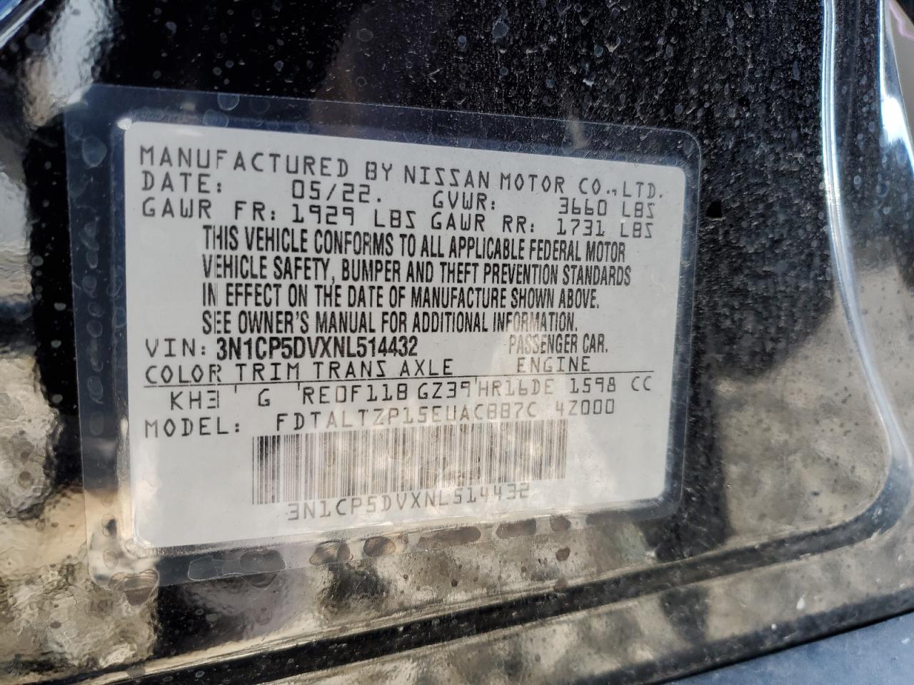 2022 NISSAN KICKS SR VIN:3N1CP5DVXNL514432