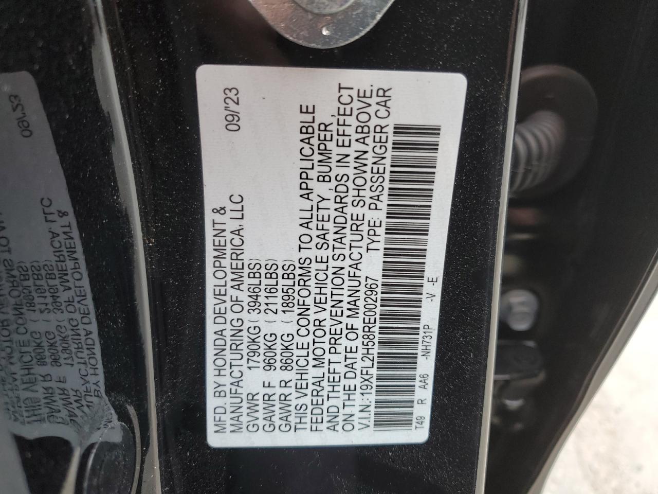 2024 HONDA CIVIC LX VIN:19XFL2H58RE002967