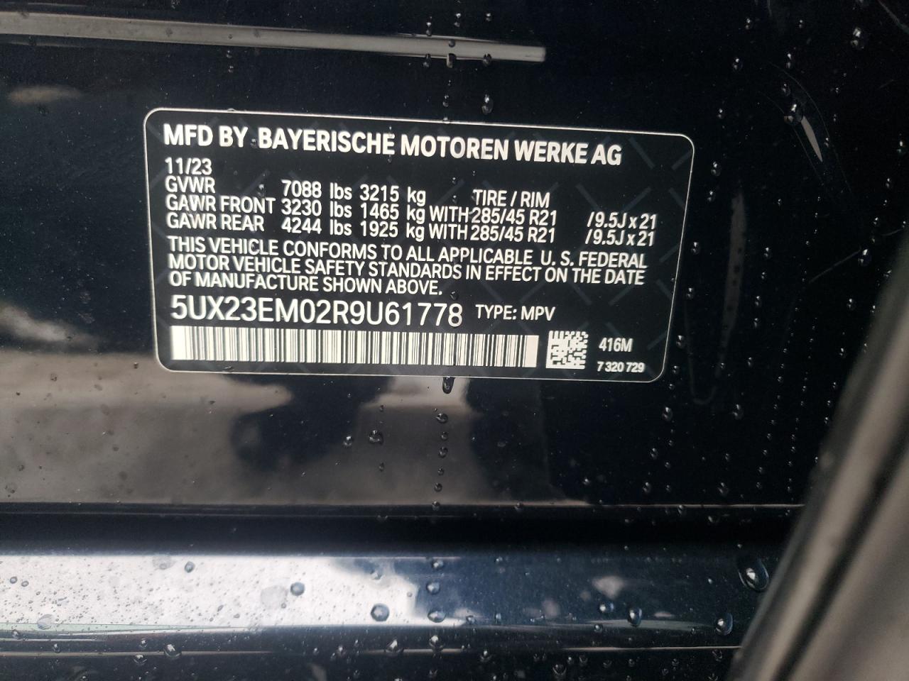 2024 BMW X7 XDRIVE40I VIN:5UX23EM02R9U61778