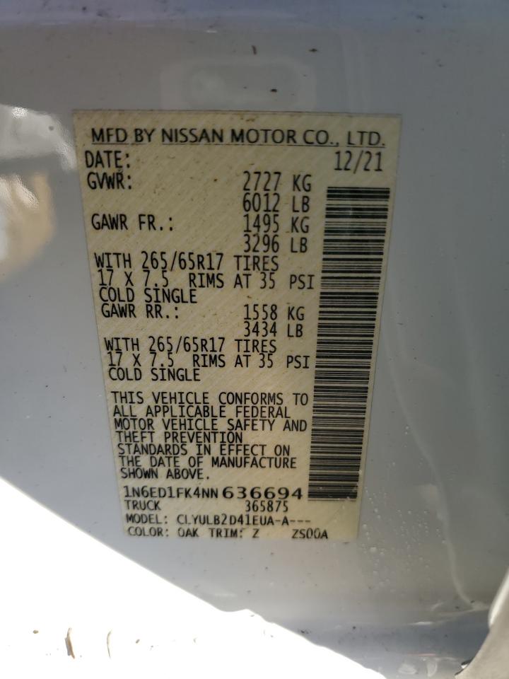 2022 NISSAN FRONTIER SV VIN:1N6ED1FK4NN636694