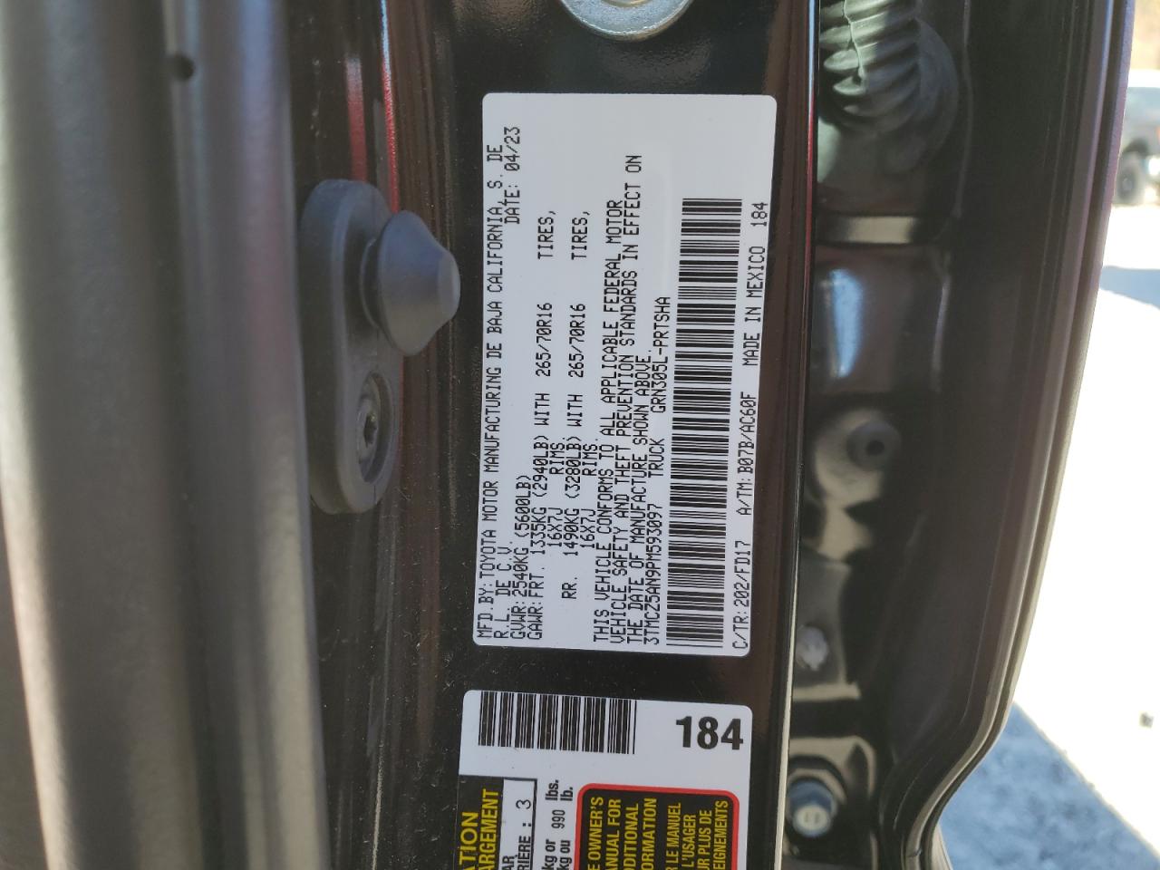 2023 TOYOTA TACOMA DOUBLE CAB VIN:3TMCZ5AN9PM593097