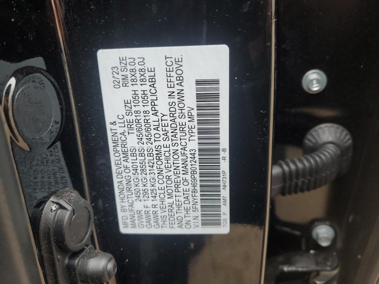 2023 HONDA PASSPORT TRAIL SPORT VIN:5FNYF8H69PB012443