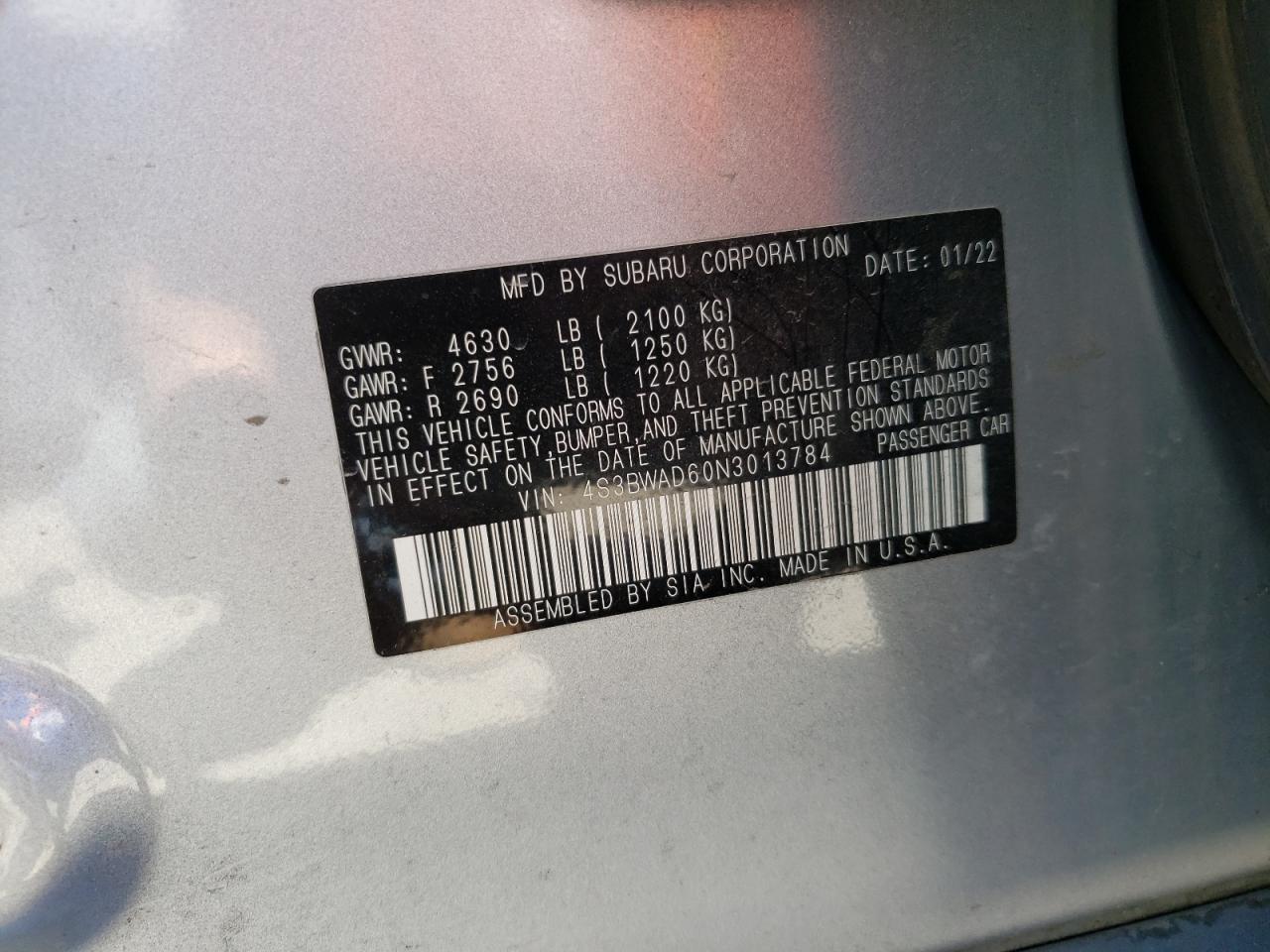 2022 SUBARU LEGACY PREMIUM VIN:4S3BWAD60N3013784