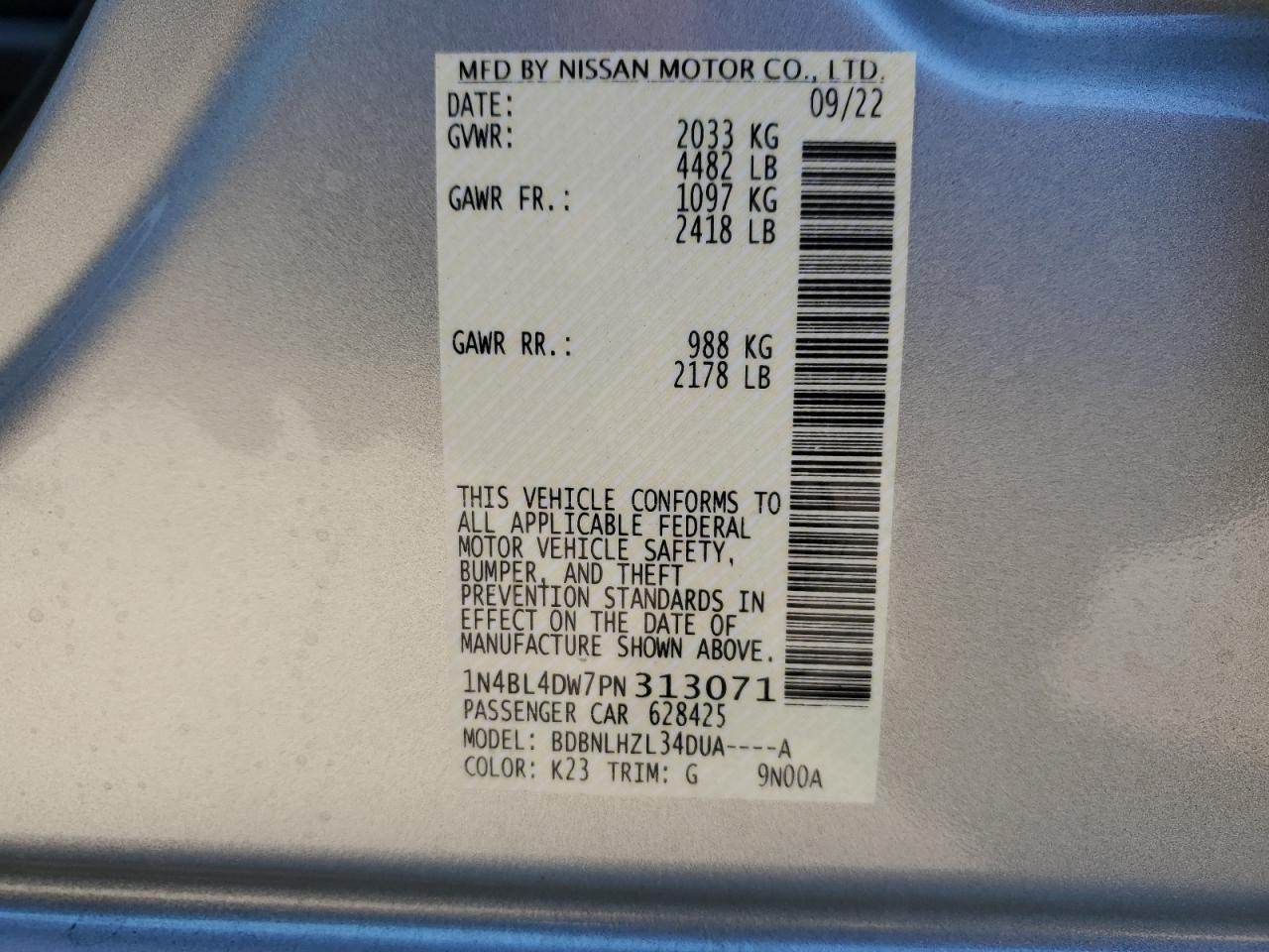 2023 NISSAN ALTIMA SV VIN:1N4BL4DW7PN313071