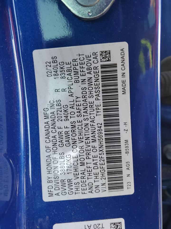 2022 HONDA CIVIC SPORT VIN:2HGFE2F5XNH569842