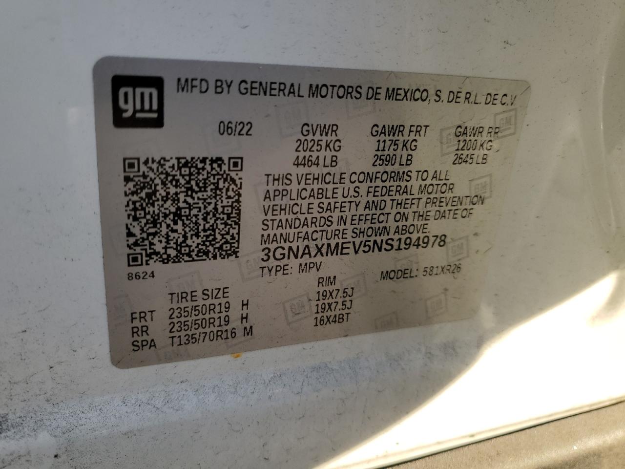 2022 CHEVROLET EQUINOX RS VIN:3GNAXMEV5NS194978