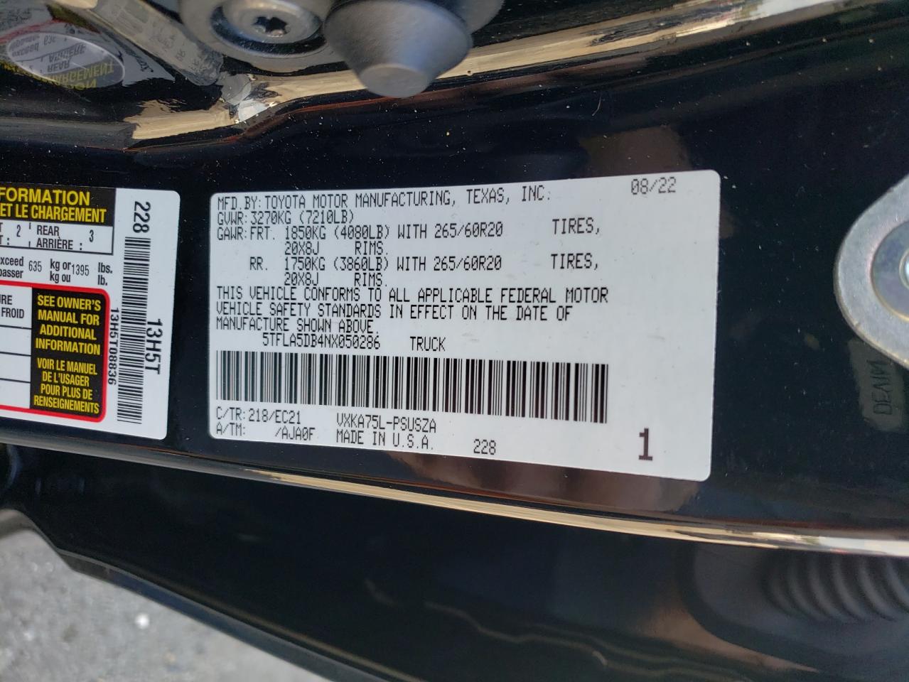 2022 TOYOTA TUNDRA CREWMAX SR VIN:5TFLA5DB4NX050286