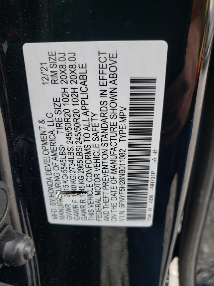 2022 HONDA PILOT SE VIN:5FNYF5H28NB011082