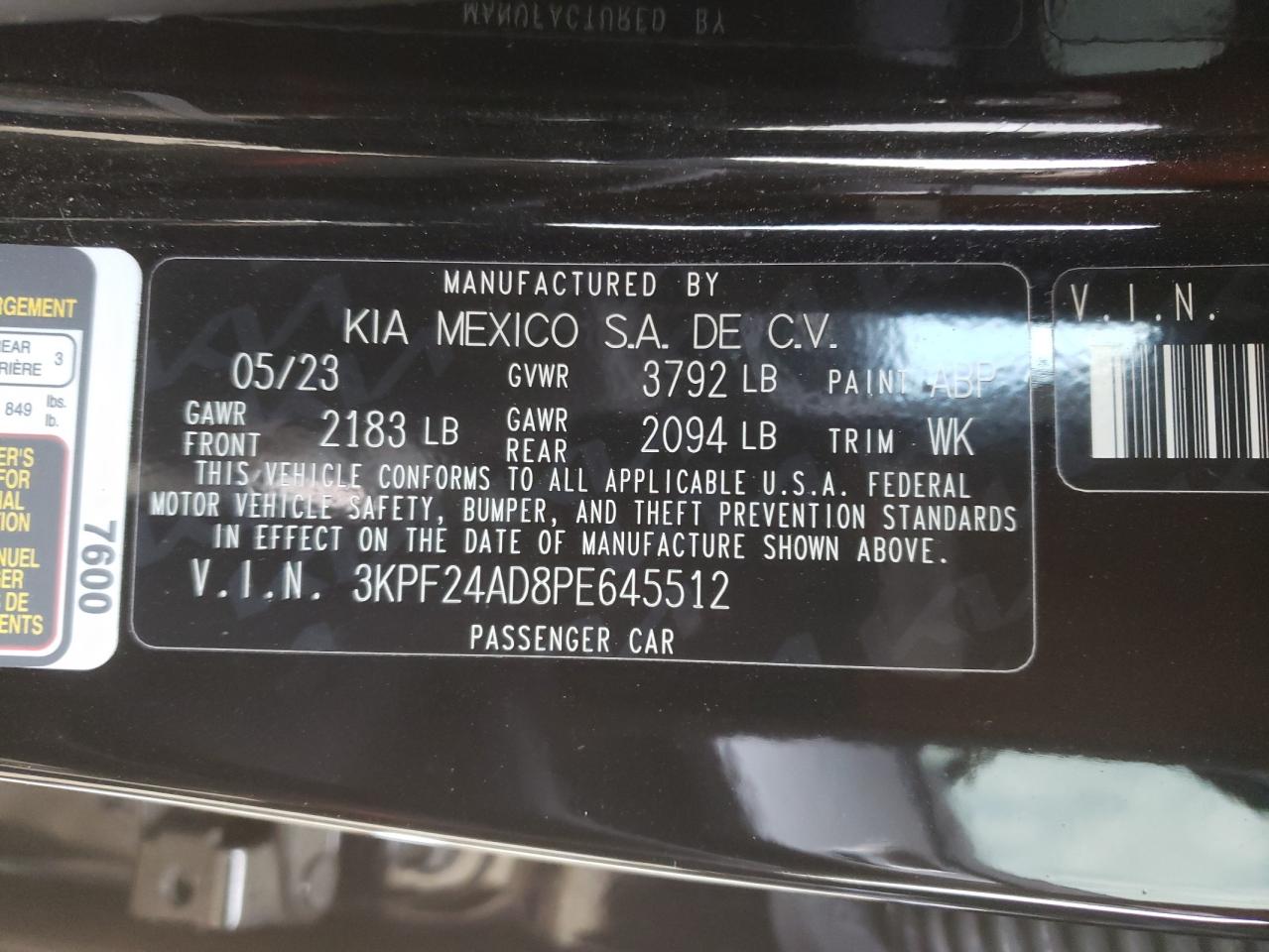 2023 KIA FORTE LX VIN:3KPF24AD8PE645512