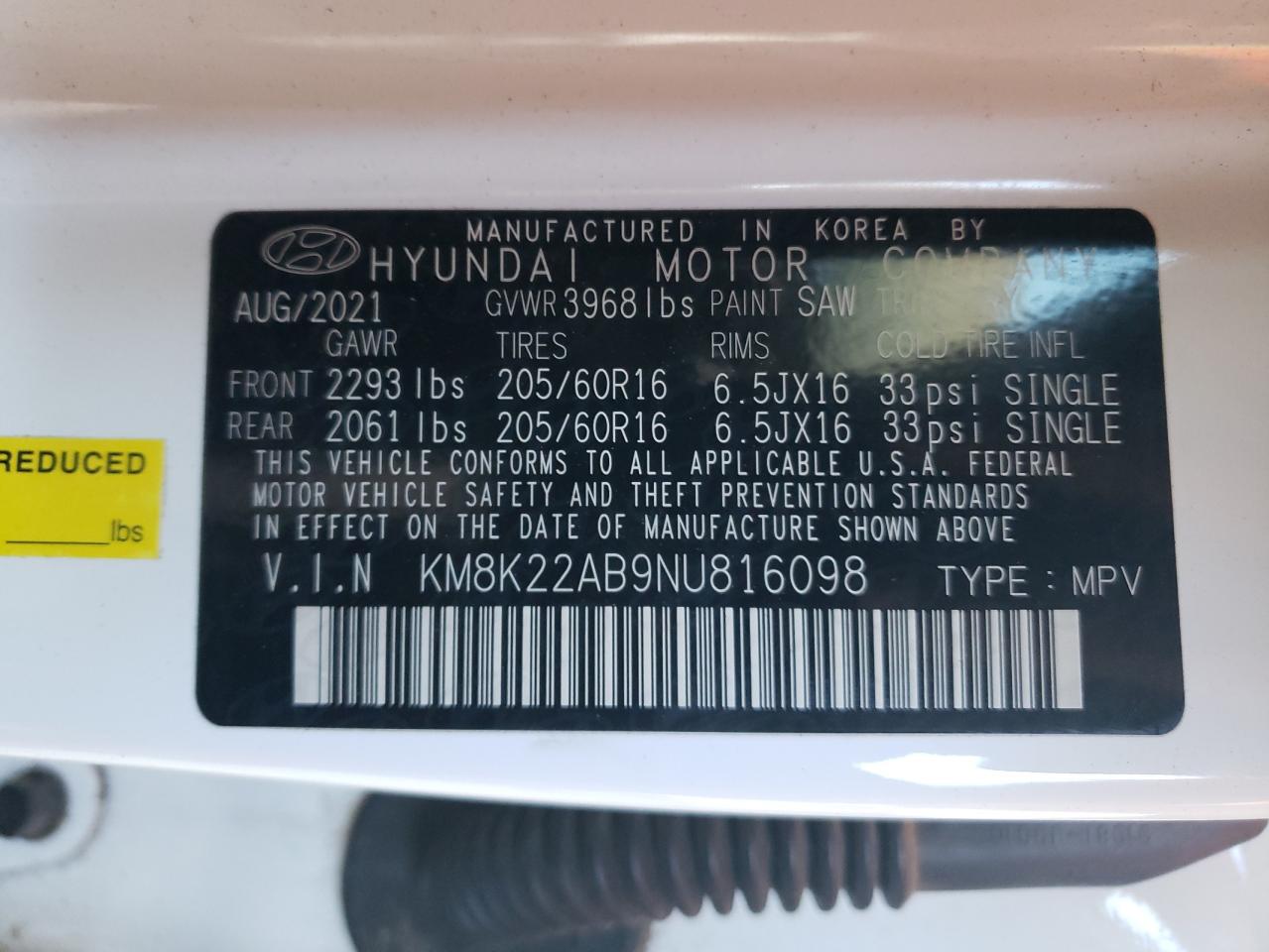 2022 HYUNDAI KONA SEL VIN:KM8K22AB9NU816098