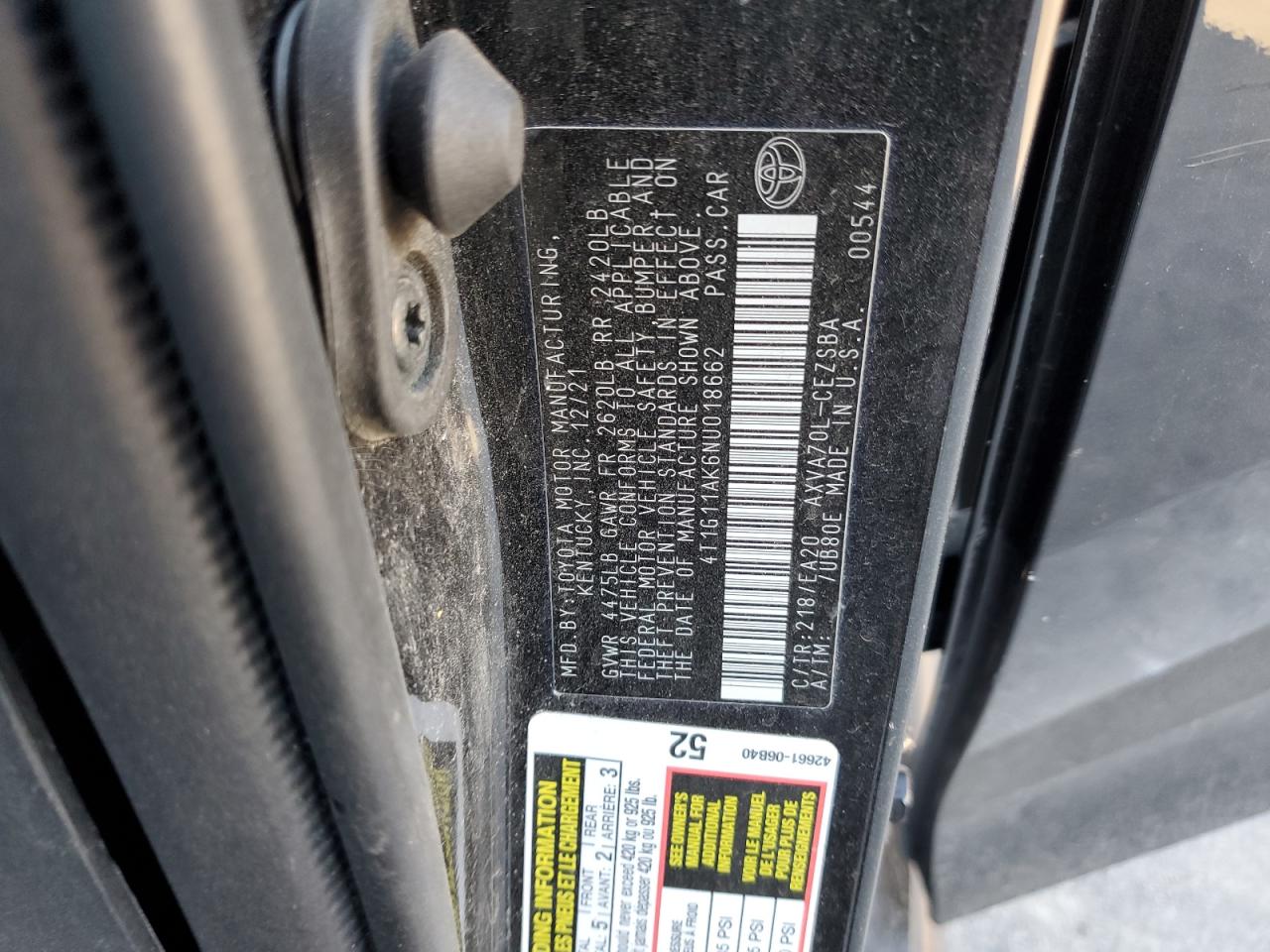 2022 TOYOTA CAMRY SE VIN:4T1G11AK6NU018662