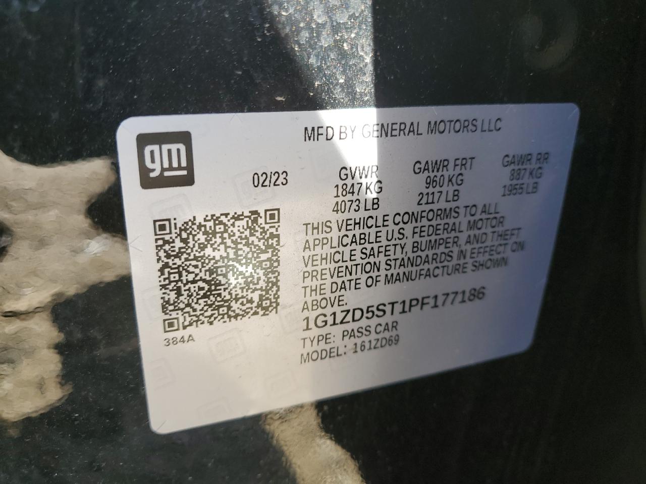 2023 CHEVROLET MALIBU LT VIN:1G1ZD5ST1PF177186