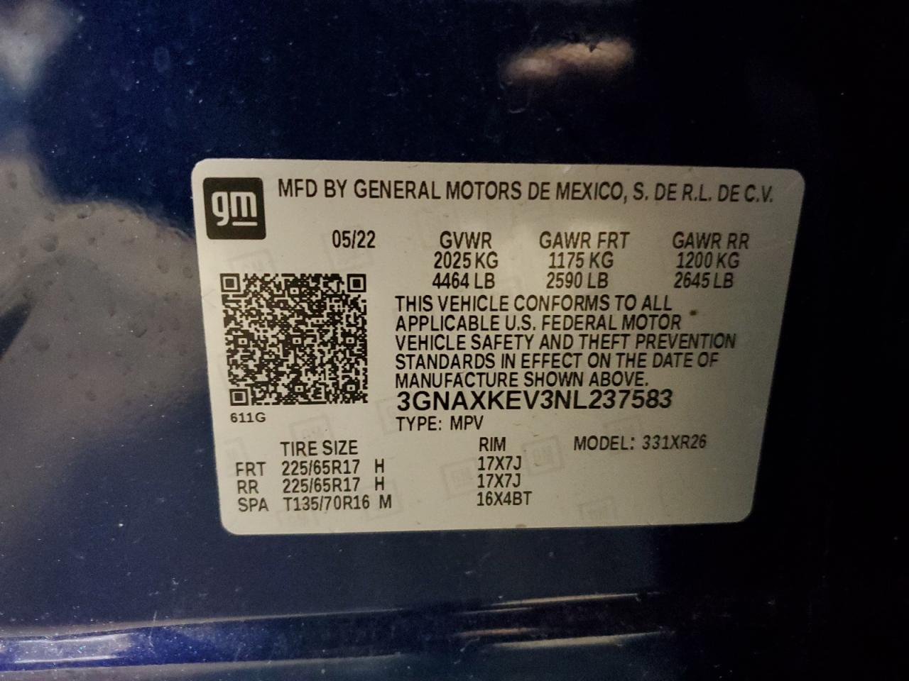 2022 CHEVROLET EQUINOX LT VIN:3GNAXKEV3NL237583