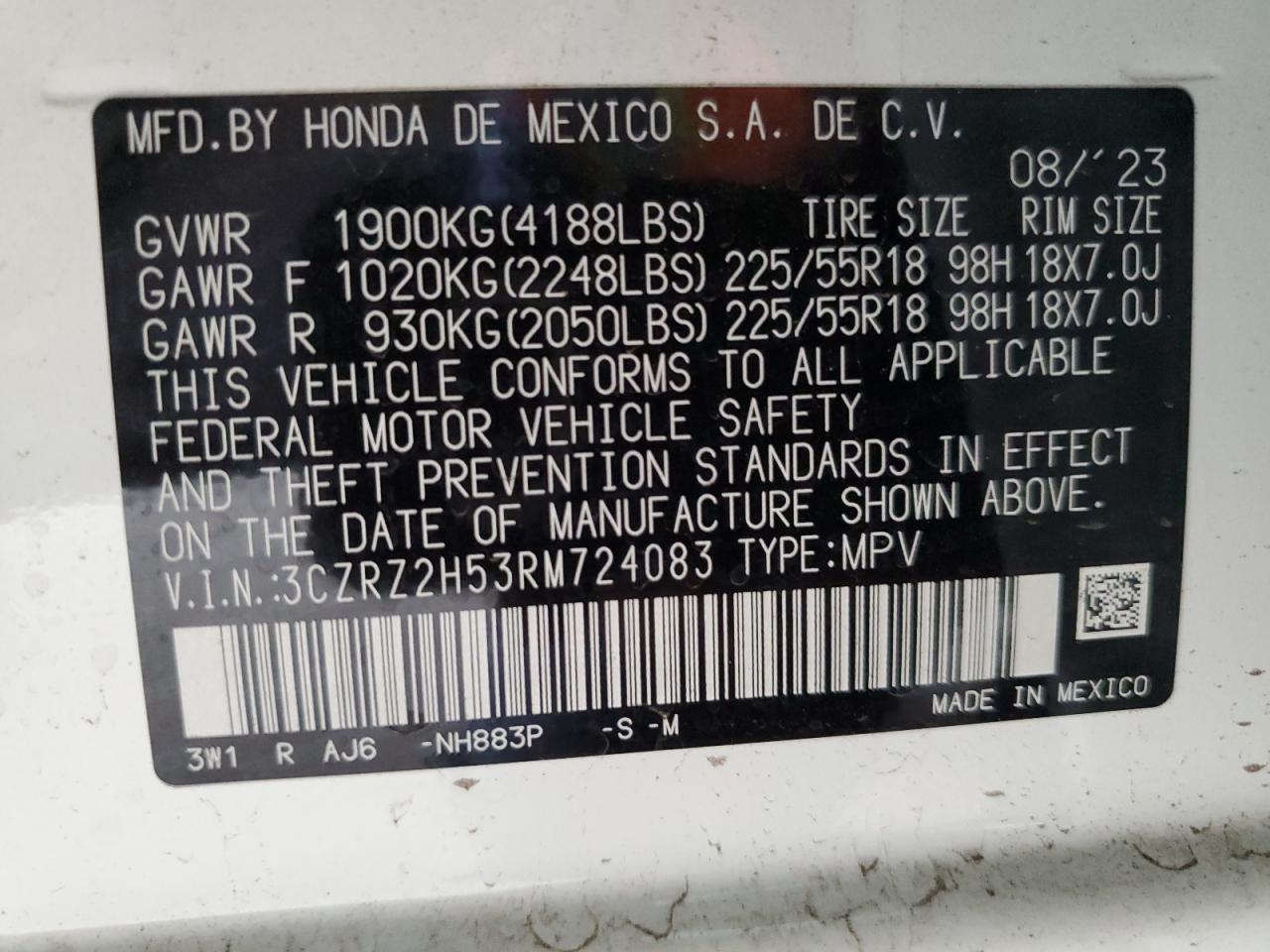 2024 HONDA HR-V SPORT VIN:3CZRZ2H53RM724083
