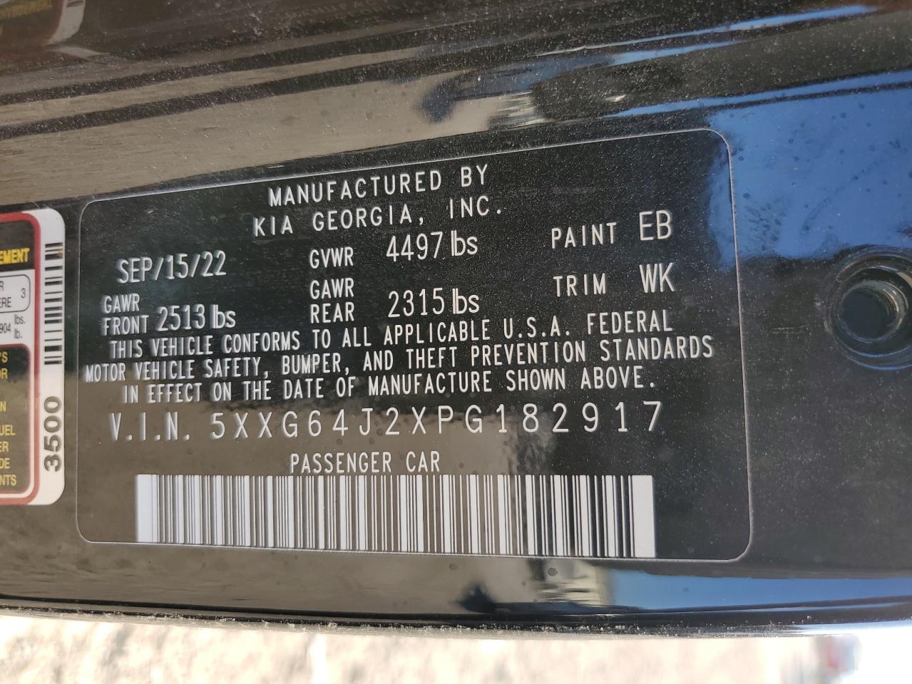 2023 KIA K5 GT LINE VIN:5XXG64J2XPG182917