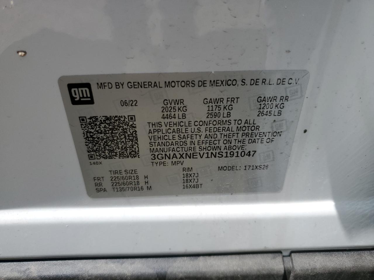 2022 CHEVROLET EQUINOX PREMIER VIN:3GNAXNEV1NS191047