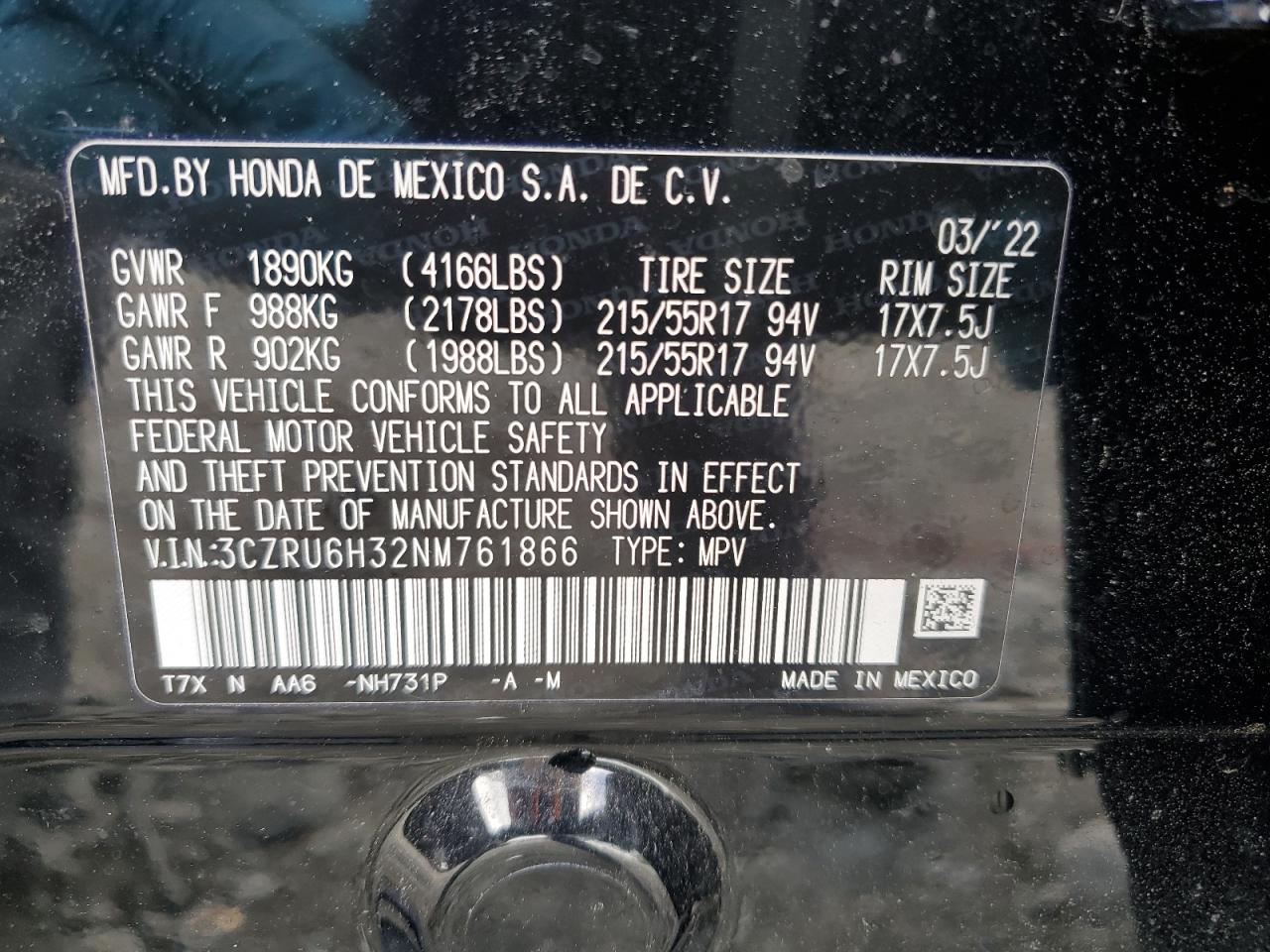 2022 HONDA HR-V LX VIN:3CZRU6H32NM761866