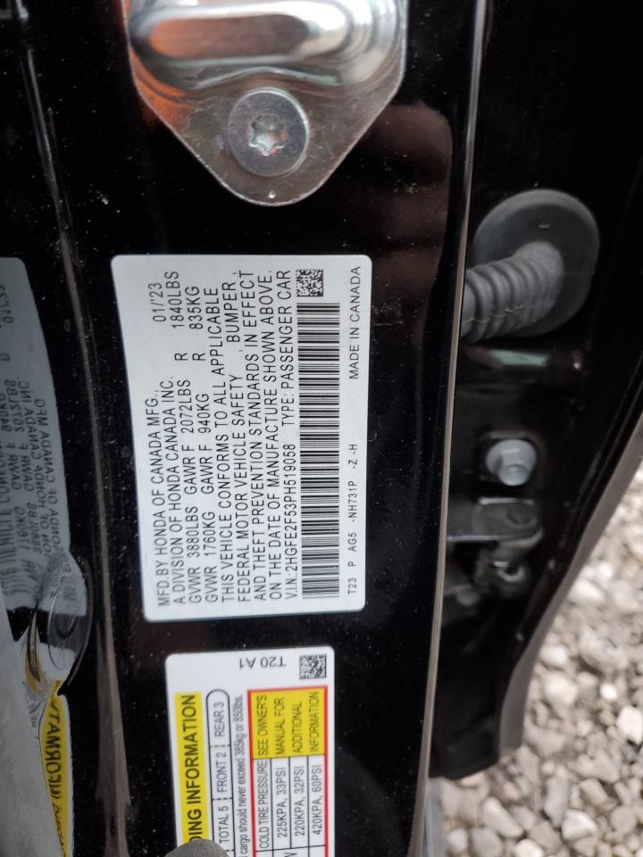 2023 HONDA CIVIC SPORT VIN:2HGFE2F53PH519058