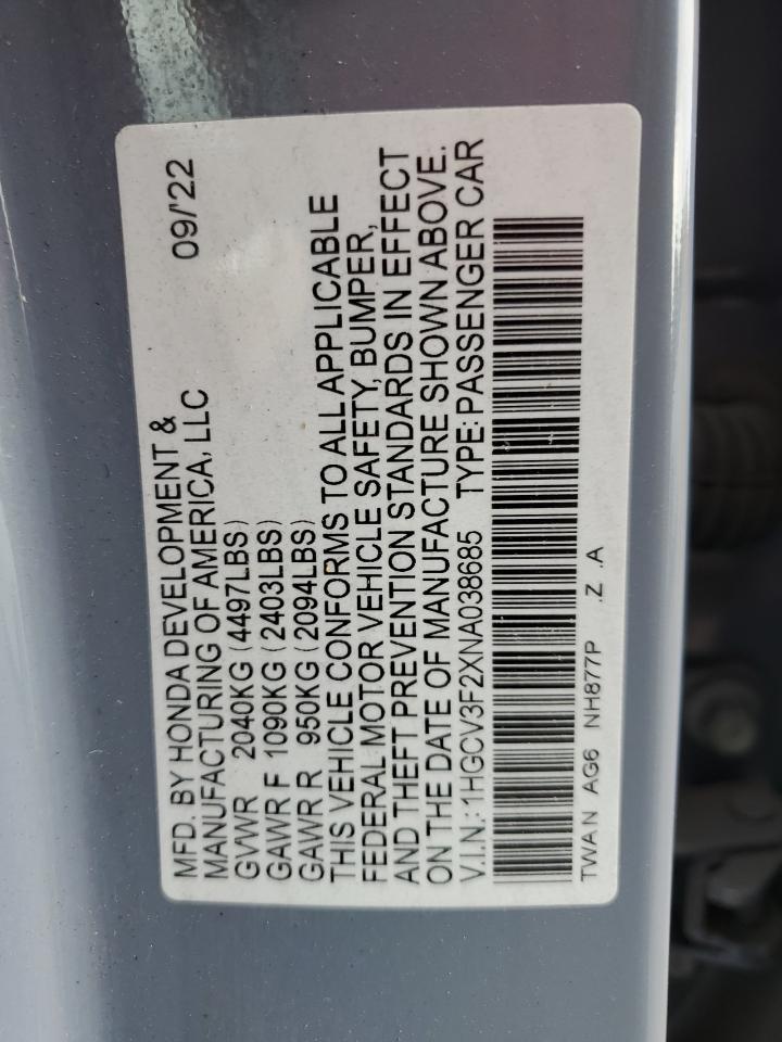 2022 HONDA ACCORD HYBRID SPORT VIN:1HGCV3F2XNA038685