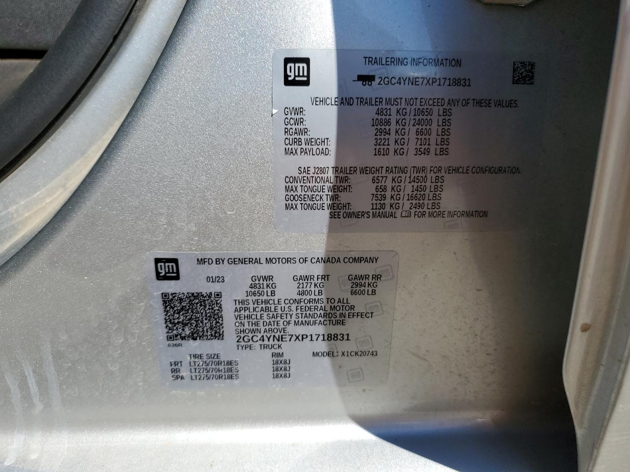 2023 CHEVROLET SILVERADO K2500 HEAVY DUTY LT VIN:2GC4YNE7XP1718831