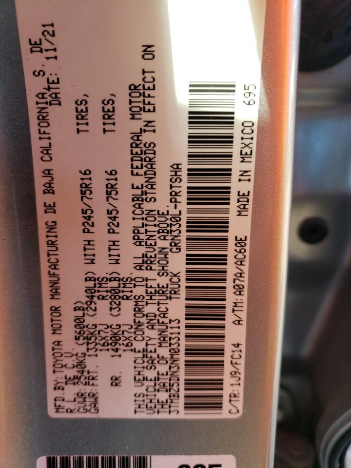 2022 TOYOTA TACOMA DOUBLE CAB VIN:3TMBZ5DN3NM033113