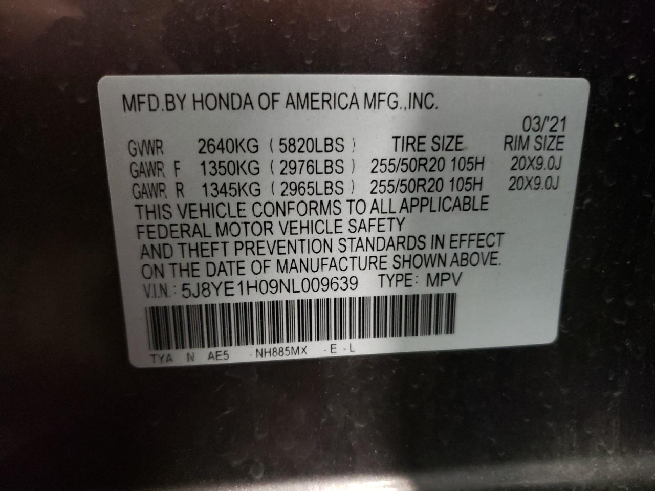 2022 ACURA MDX A-SPEC VIN:5J8YE1H09NL009639