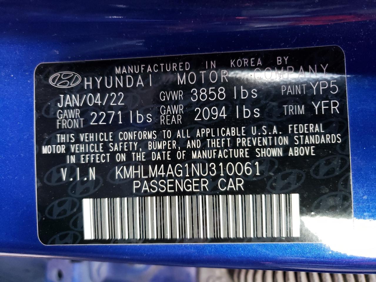 2022 HYUNDAI ELANTRA SEL VIN:KMHLM4AG1NU310061