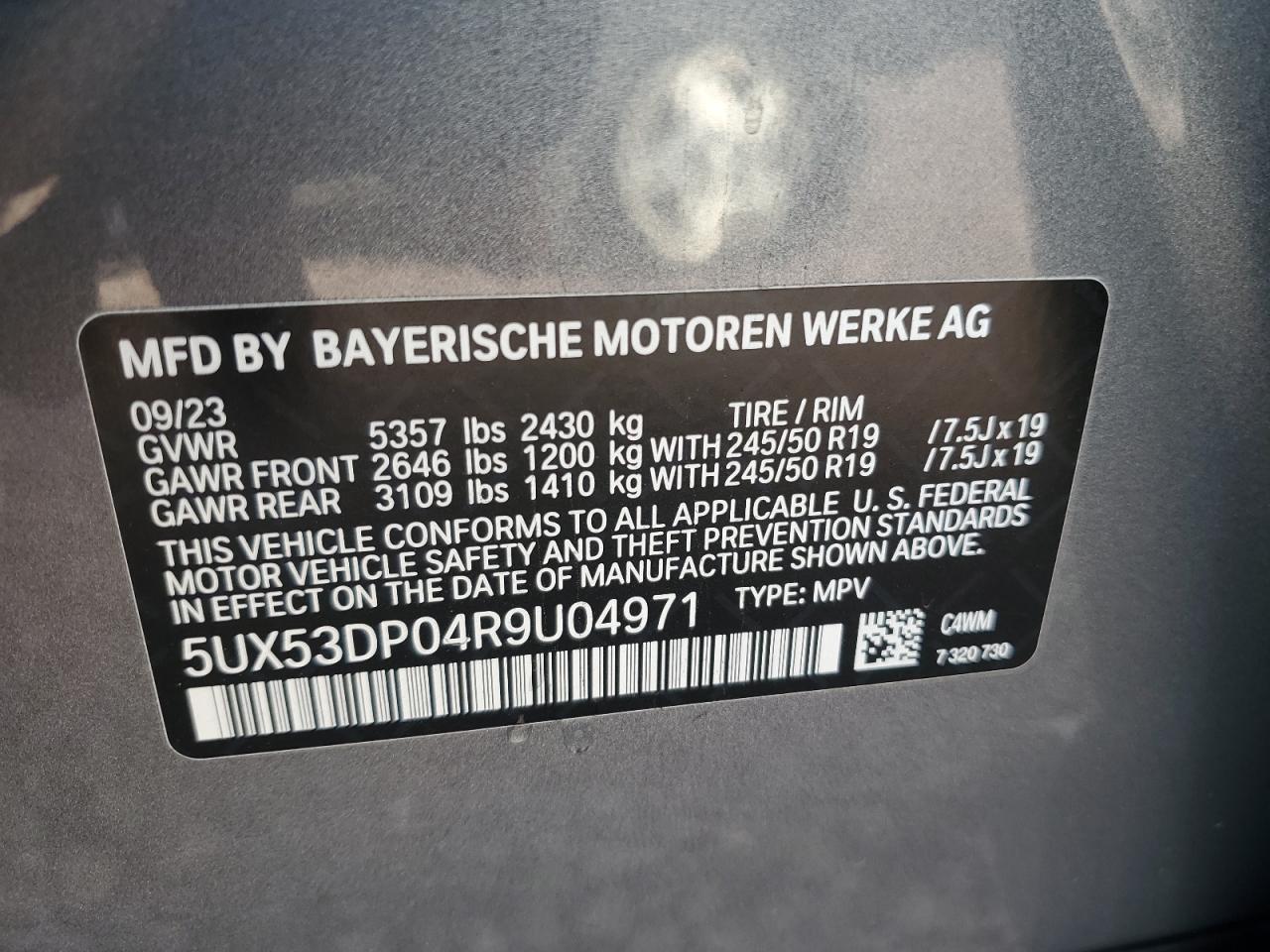 2024 BMW X3 XDRIVE30I VIN:5UX53DP04R9U04971