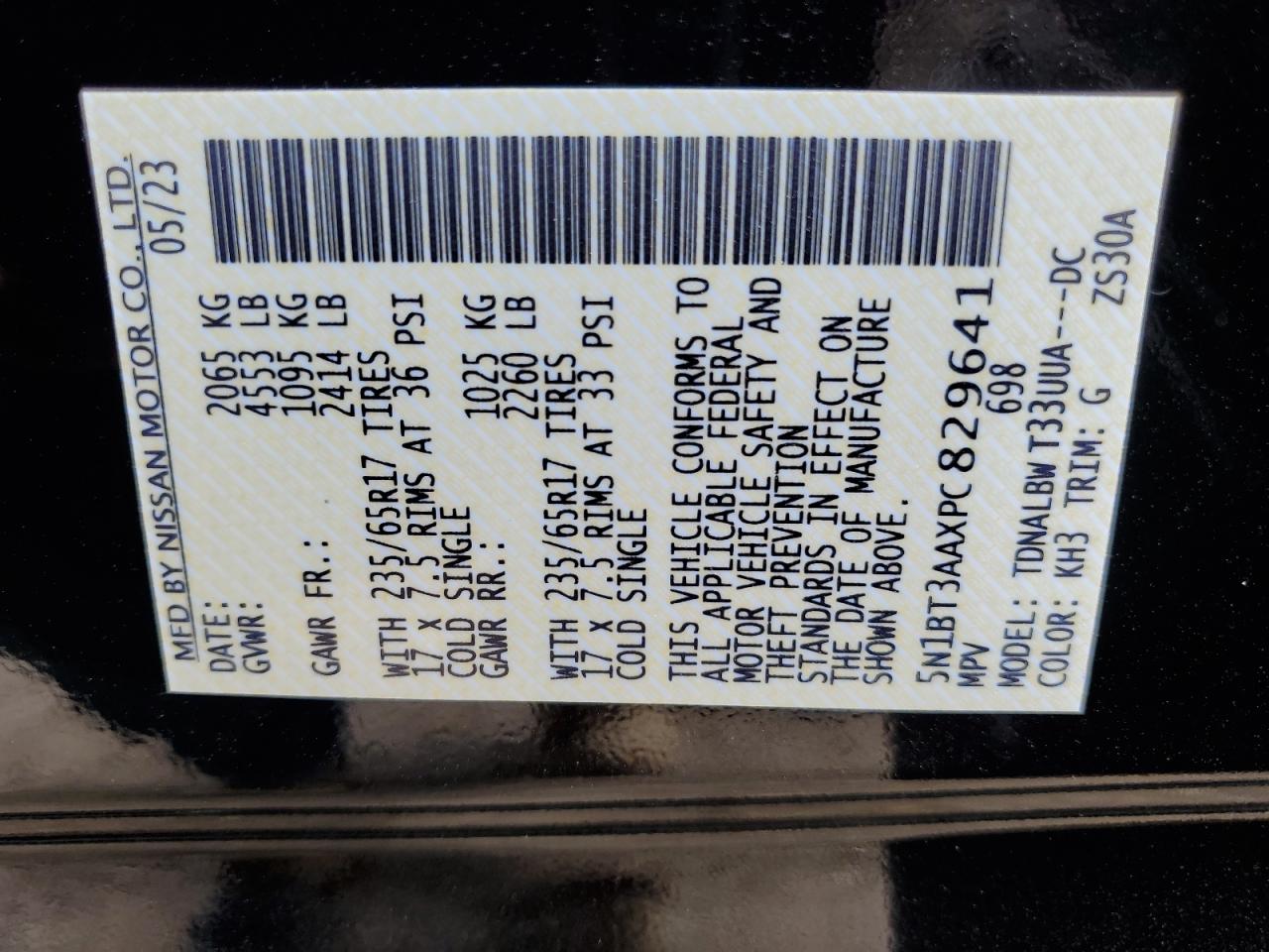 2023 NISSAN ROGUE S VIN:5N1BT3AAXPC829641