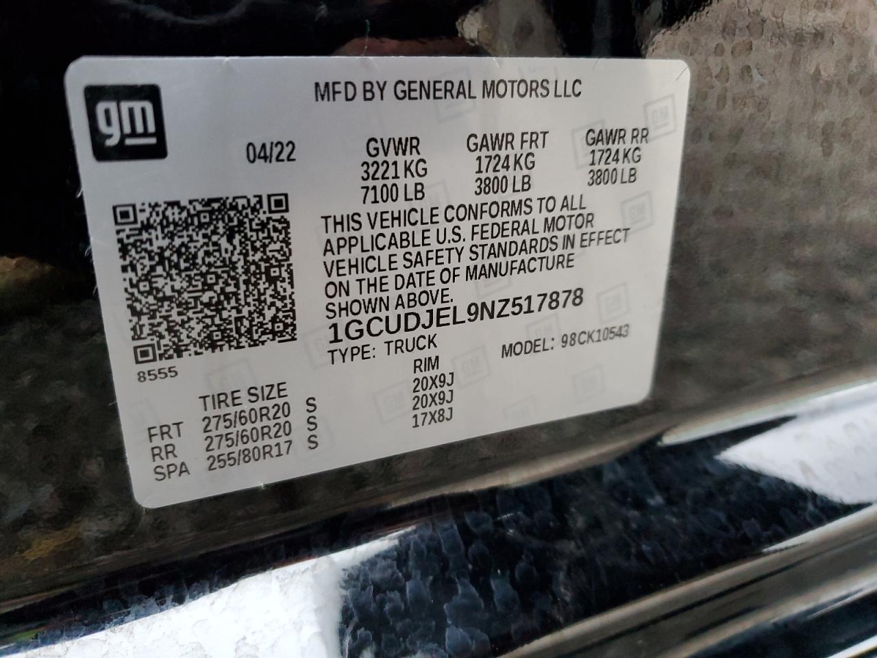 2022 CHEVROLET SILVERADO K1500 HIGH COUNTRY VIN:1GCUDJEL9NZ517878