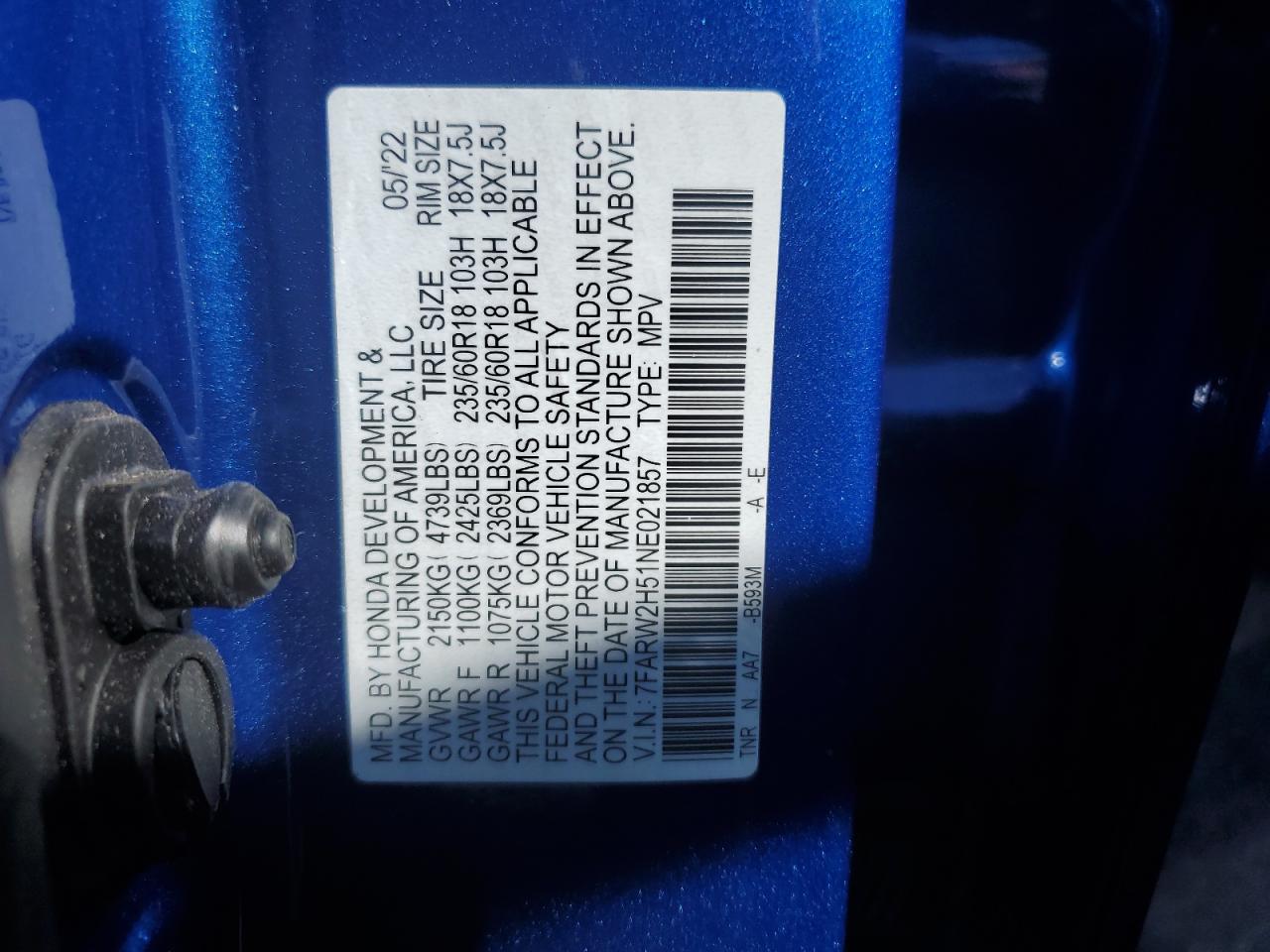 2022 HONDA CR-V EX VIN:7FARW2H51NE021857