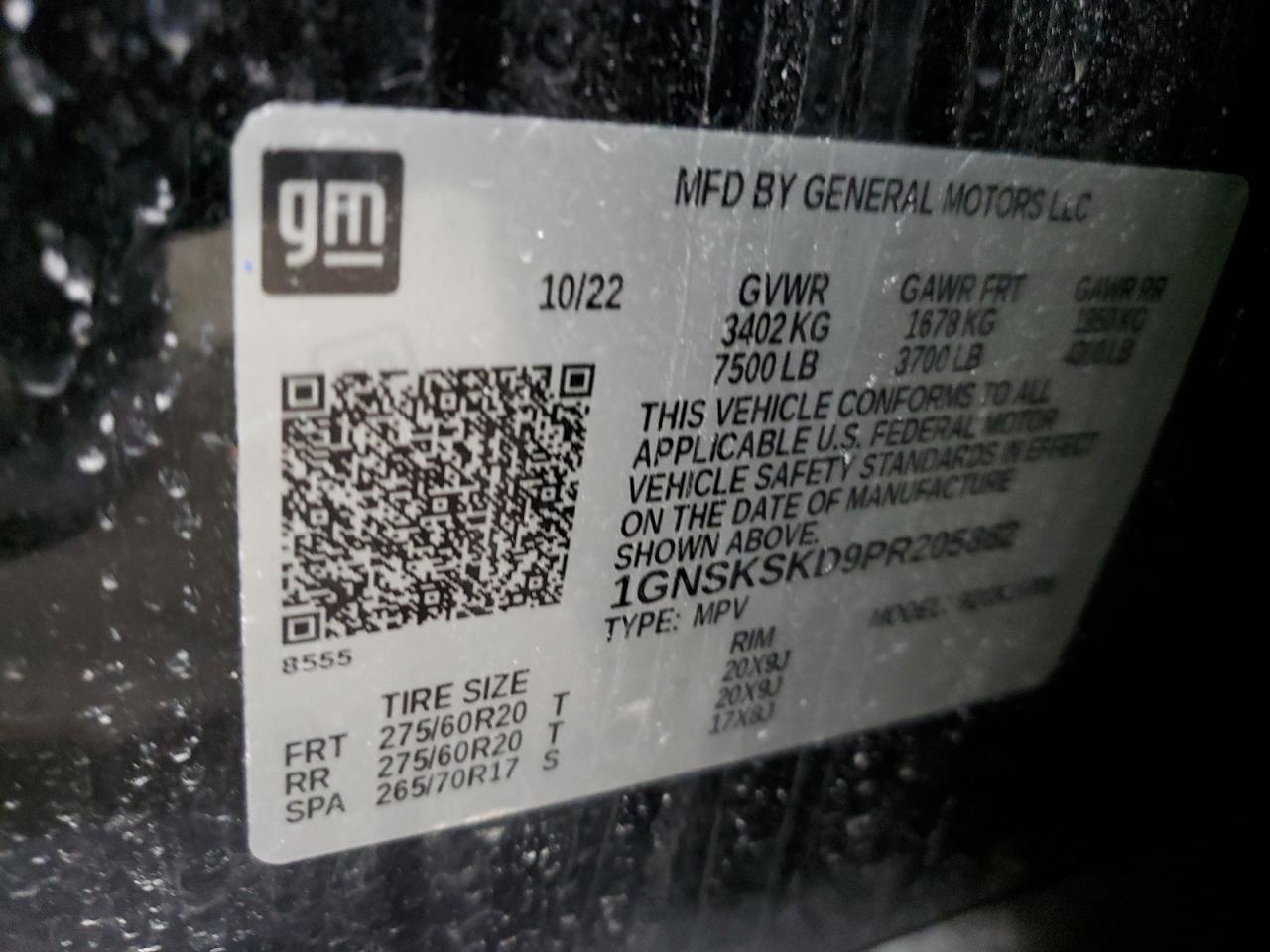 2023 CHEVROLET TAHOE K1500 PREMIER VIN:1GNSKSKD9PR205862