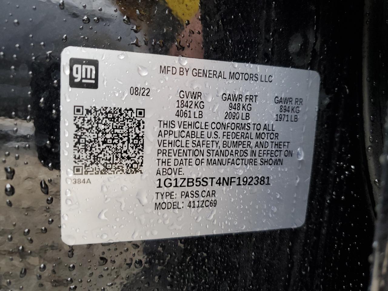 2022 CHEVROLET MALIBU LS VIN:1G1ZB5ST4NF192381