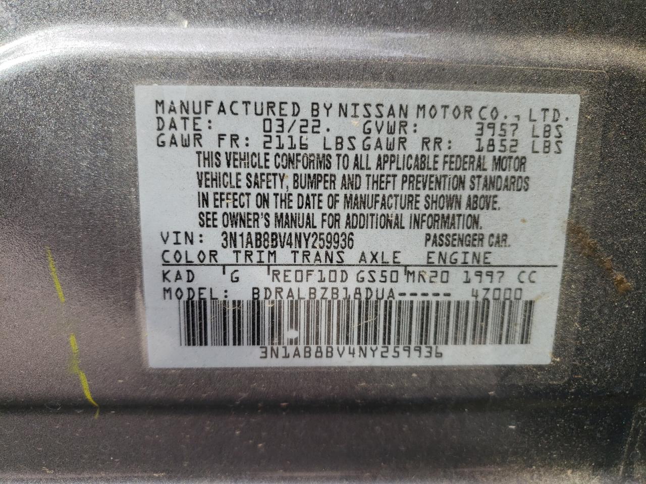 2022 NISSAN SENTRA S VIN:3N1AB8BV4NY259936